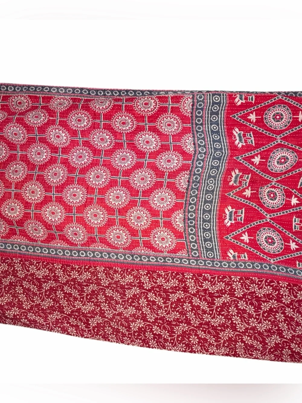 Vintage Handmade Printed Kantha Quilt India Sari Throw Blanket Twin 52x80